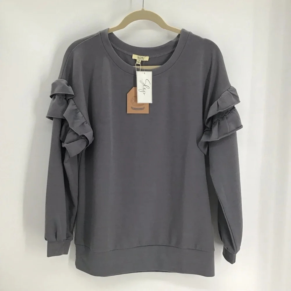 Kori America Women’s Ruffle Sleeve Casual Sweatshirt Grey NWT Size Small